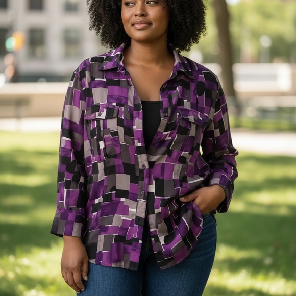 Maggie Barnes Tops - Maggie Barnes Purple and Black Geometric Button Down Shirt